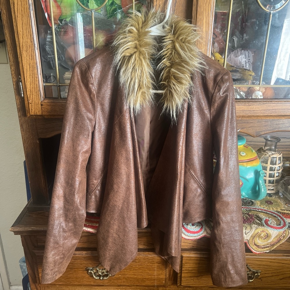 INC International Concepts Brown Leather Jacket with Faux Fur Collar